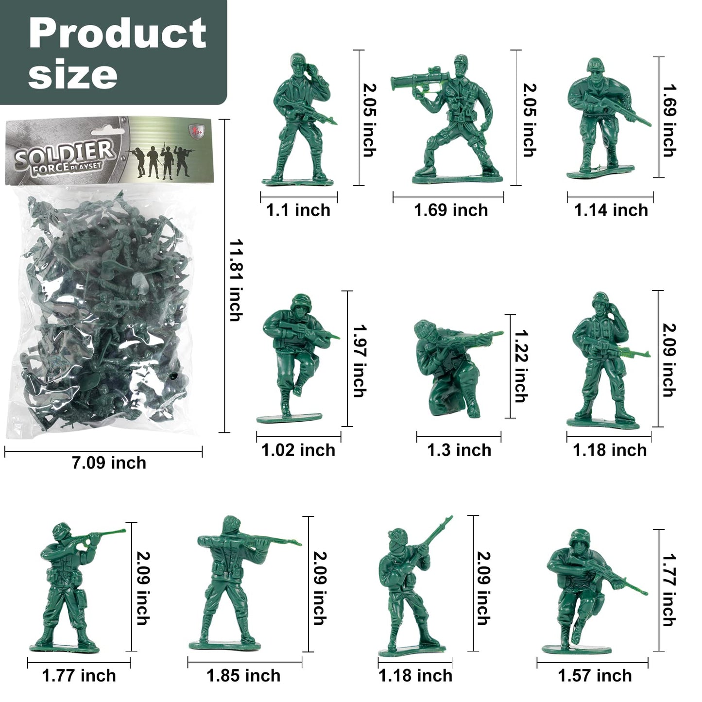 Wankko 2-Inch Green Plastic Army Men Action Figures - Pack of 100, 10 Unique Sculpts, Model Wankko052