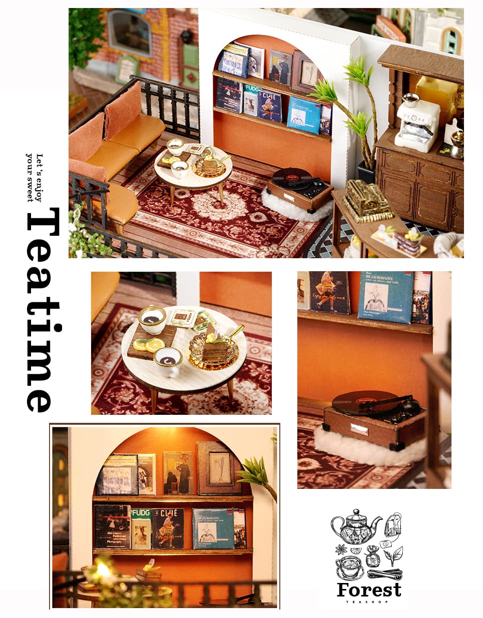 Kisoy Dollhouse Miniature with Furniture Kit  Handmade DIY House Model for Teens mature-themed Gift (Forest Teahouse)