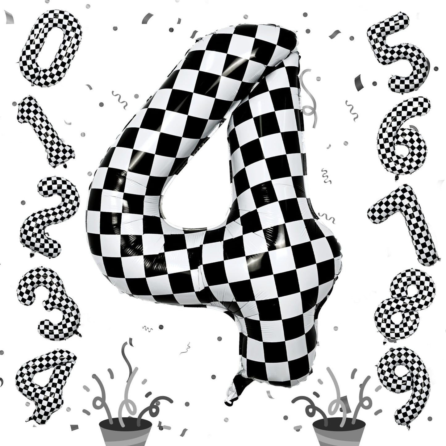 Large Foil Number 4 Balloons, 40 Inch Black And White Checkered 4 Balloon For Boys, Helium Self Inflating Checkered Racing 4 Bal