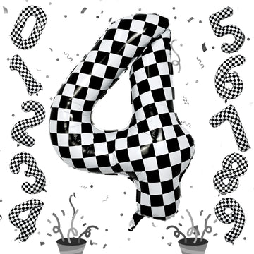 Large Foil Number 4 Balloons, 40 Inch Black And White Checkered 4 Balloon For Boys, Helium Self Inflating Checkered Racing 4 Bal