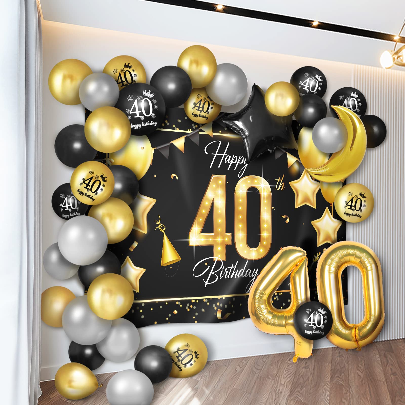 Happy 40Th Birthday Balloons Gold Set Decor - Cheers To 40 Years Old Party Theme Garland Star Moon Banner Backdrop Decorations F
