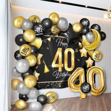 Happy 40Th Birthday Balloons Gold Set Decor - Cheers To 40 Years Old Party Theme Garland Star Moon Banner Backdrop Decorations F