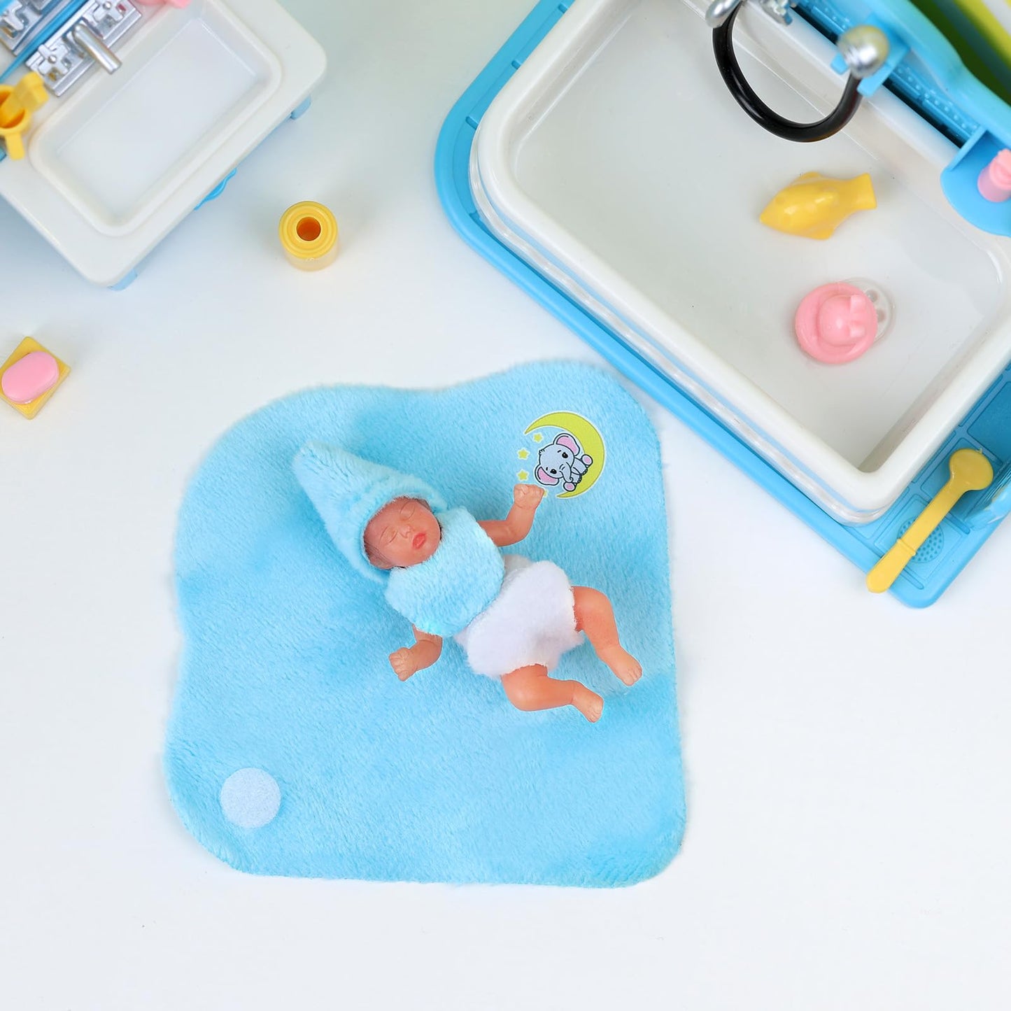 Babeside Mini Silicone Baby Dolls, 3 Inch Realistic Newborn Baby Dolls Full Silicone Sleeping Little Baby Dolls Mini Real Life Baby Girl Miniature Baby With Bathroom Toy Set Accessories(Blue)