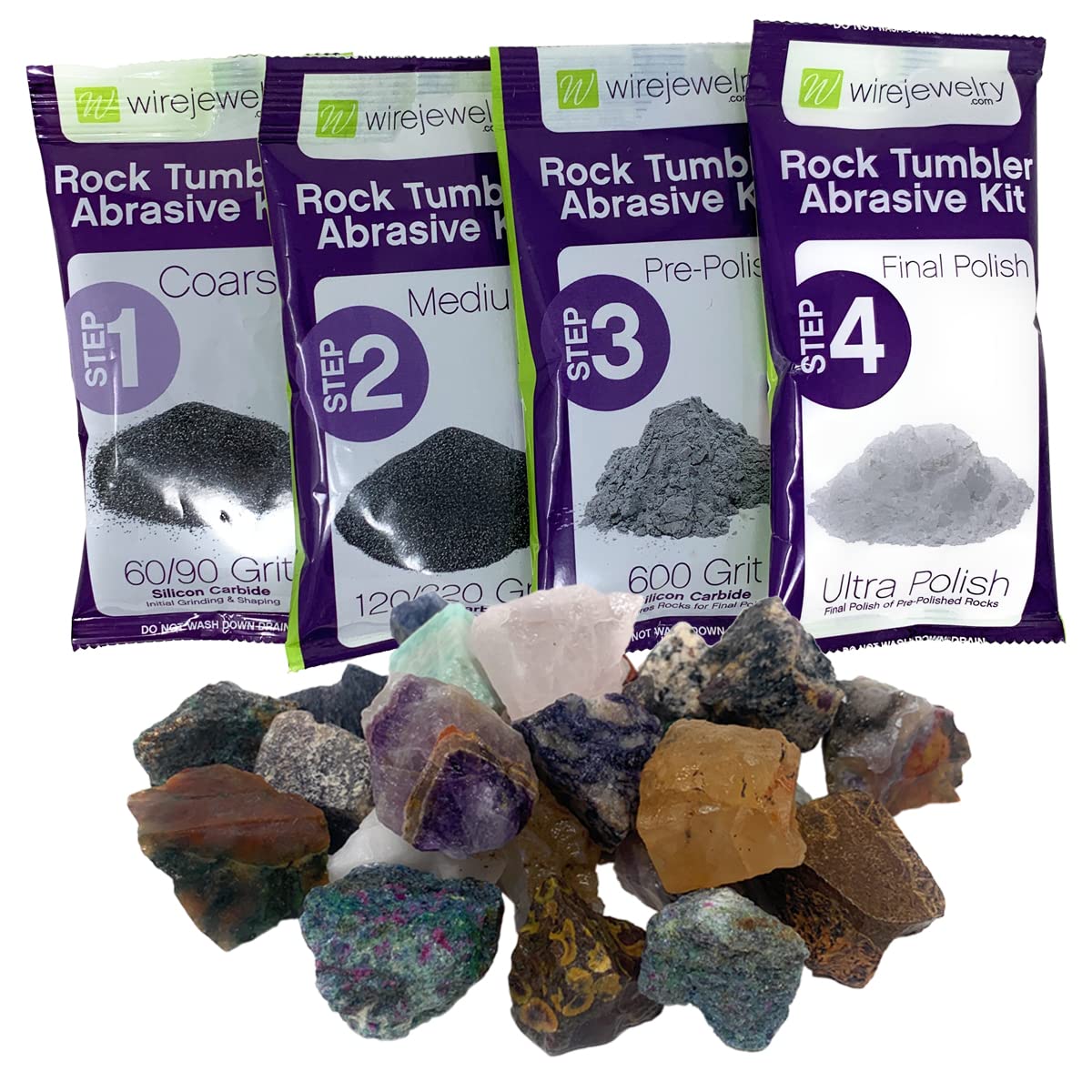 Wirejewelry Asia Rock Tumbler Refill Kit - 1.5 Lbs. Of Asia Stone Mix And 1 Batch Of 4 Step Abrasive Grit And Polish