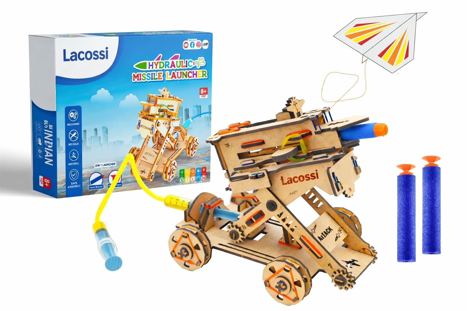 Lacossi 2 In 1 Hydraulic Missile Launcher & Plane Launcher Stem Wooden Construction Game, Activity Game, Science Kit | Birthday 