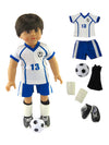 American Fashion World Blue and White Soccer Uniform for 18-Inch Dolls | Accessories Included | enhanced Quality & Trendy Design | Dolls Clothes | Outfit Fashions for Dolls for Popular Brands
