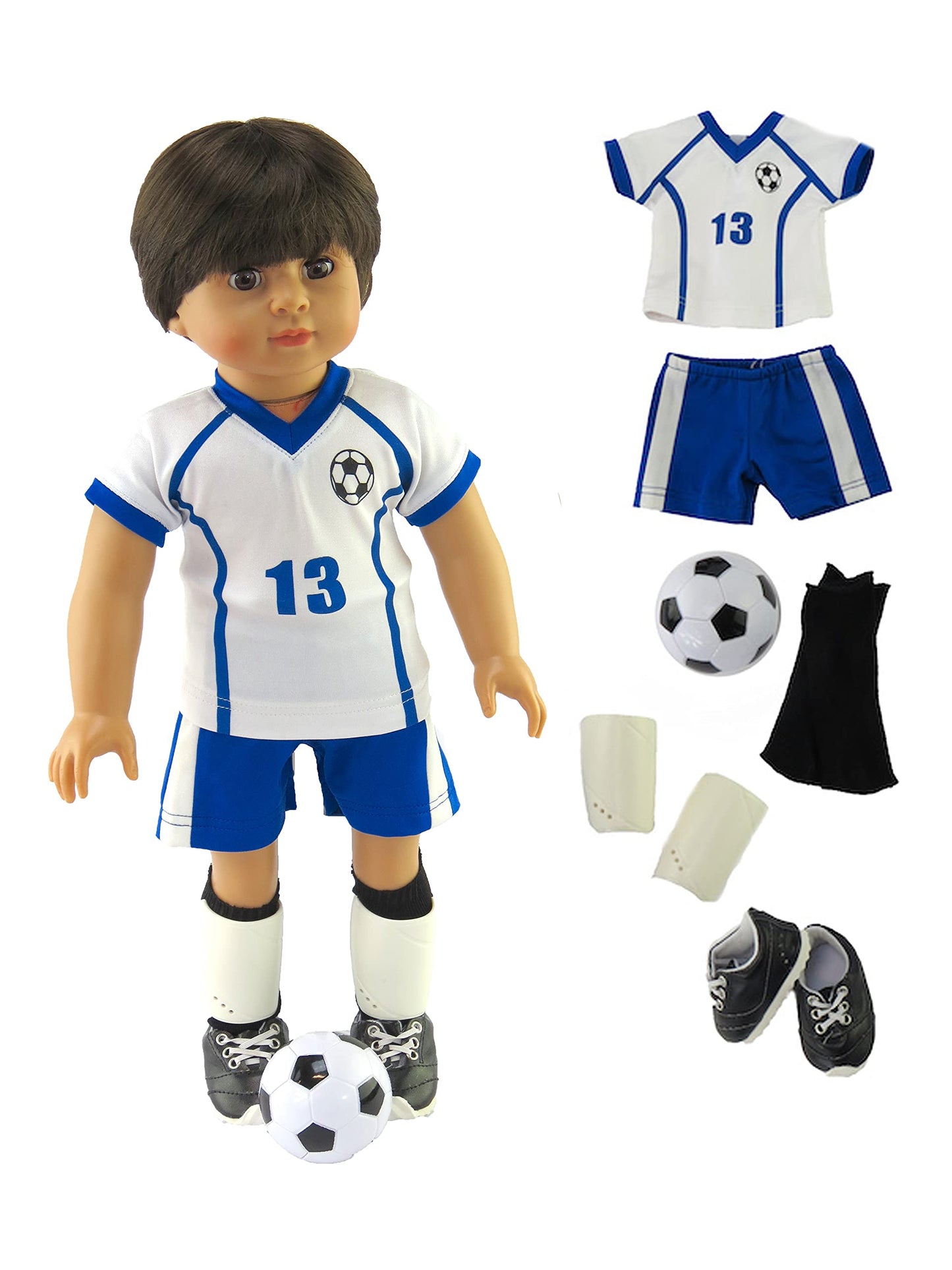 American Fashion World Blue and White Soccer Uniform for 18-Inch Dolls | Accessories Included | enhanced Quality & Trendy Design | Dolls Clothes | Outfit Fashions for Dolls for Popular Brands