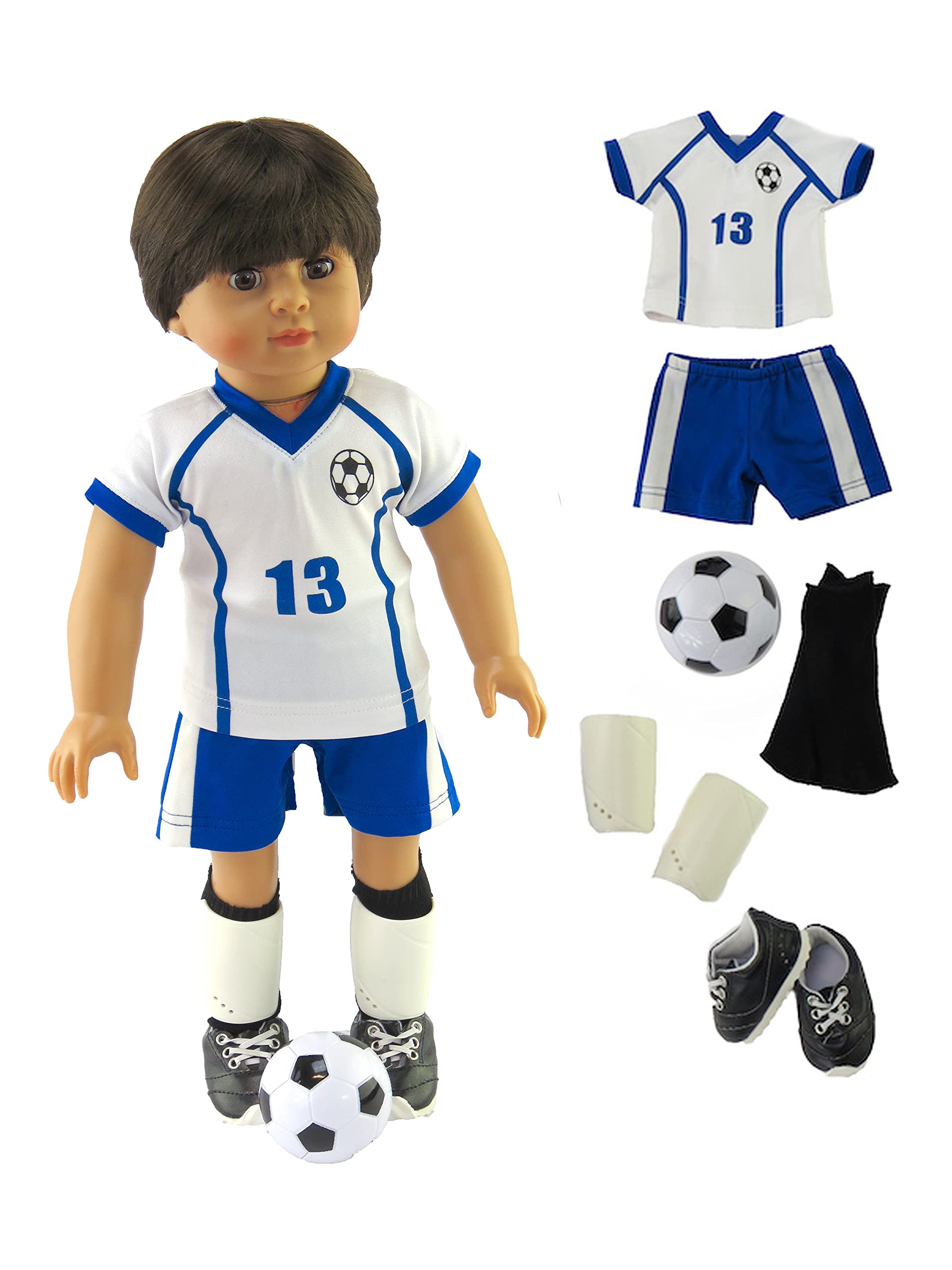 American Fashion World Blue and White Soccer Uniform for 18-Inch Dolls | Accessories Included | enhanced Quality & Trendy Design | Dolls Clothes | Outfit Fashions for Dolls for Popular Brands