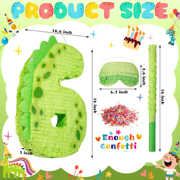 Poen 16 Inch Dinosaur Piata Number Piata for Boys Birthday Party Supplies with Bat and Eye Mask for Dinosaur Birthday Party Dino