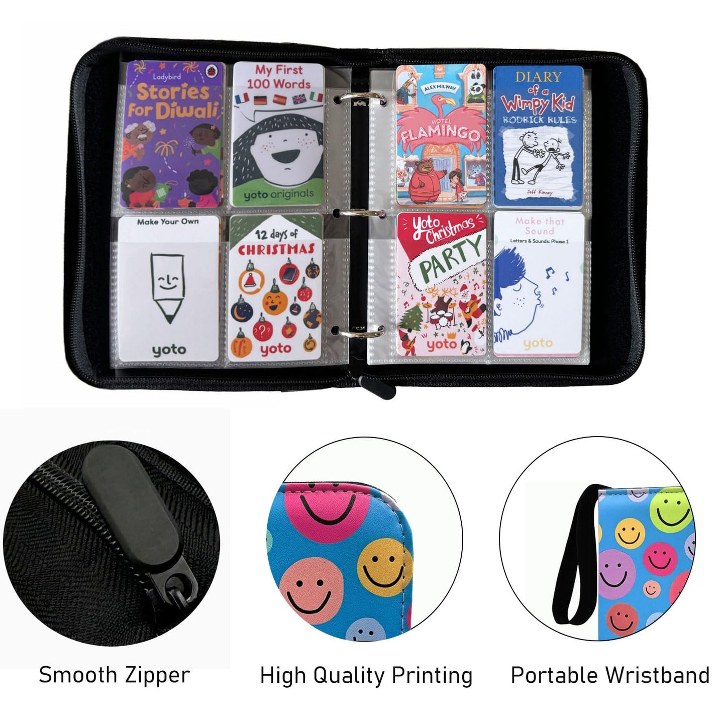 Thisness Yoto Card Binder Case, 120 Cards Capacity, Blue Smile Zipper Organizer for Yoto Player & Mini Cards