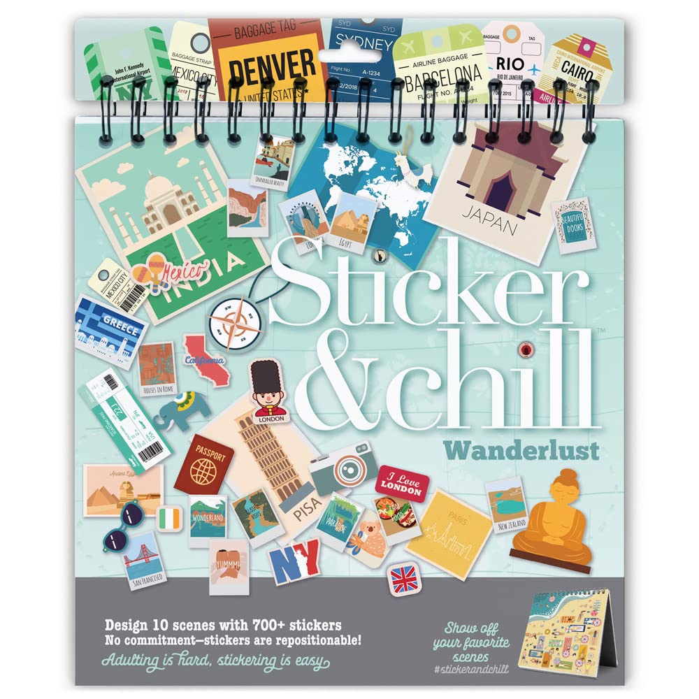 Sticker & Chill Sticker Book For Adults - 700+ Repositionable Colorful Clings Create Designs On 10 Spiral Bound Scene Pages - Ea