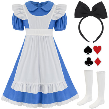 Hmprt Halloween Costume For Girls, Bule Peter Pan Callar Princess Dress, White Apron And Black Headband - 10