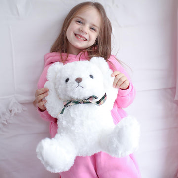 Weigedu Fluffy White Teddy Bear Stuffed Animals Plush Toys With Lattice Tie For Kids Babies Birthday Bedtime, 12 Inches