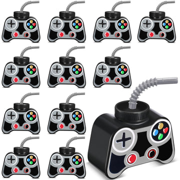 Mifoci 12 Pcs Plastic Video Gaming Party Favor Gift Supplies Cups With Straw And Lid,10Oz Gamer Birthday Party Video Game Shape