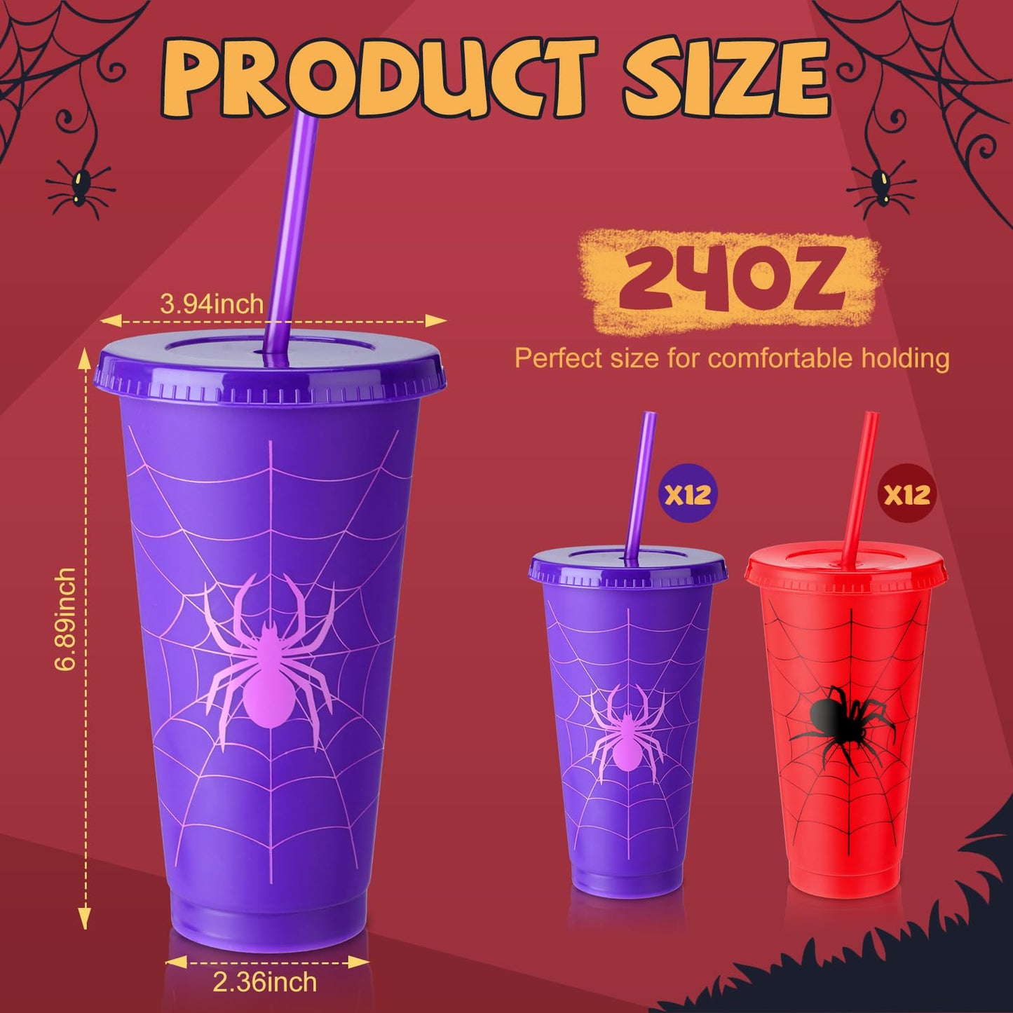 Qinyoung Spider Cups - 24 oz Reusable Plastic Cups with Lid & Straw, Red & Purple, 24 Sets for Birthday & Halloween Party Supplies