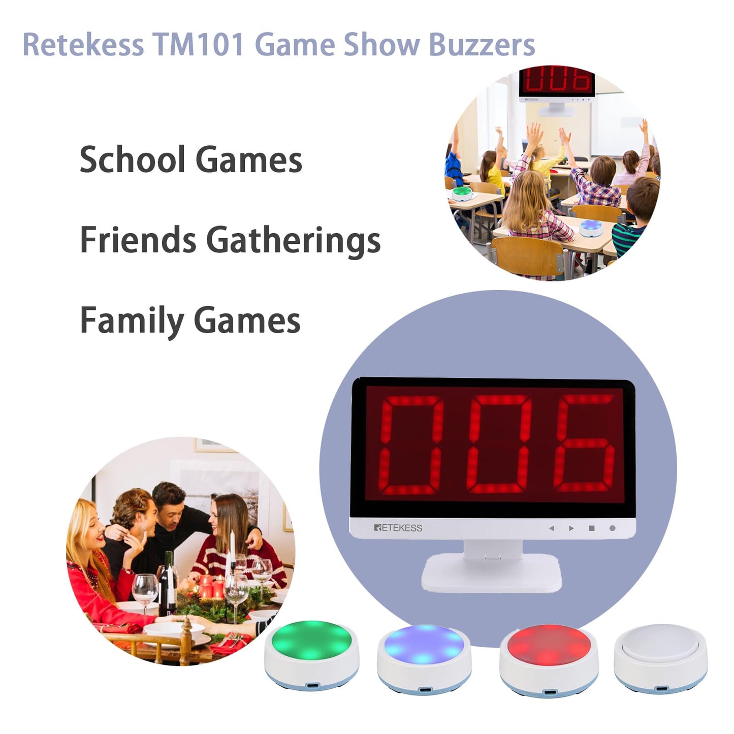 Retekess TM101 Buzzers for Trivia Games, 262ft Range, Black & White, 295mm x 385mm x 120mm, Ideal for Classroom & Game Nights