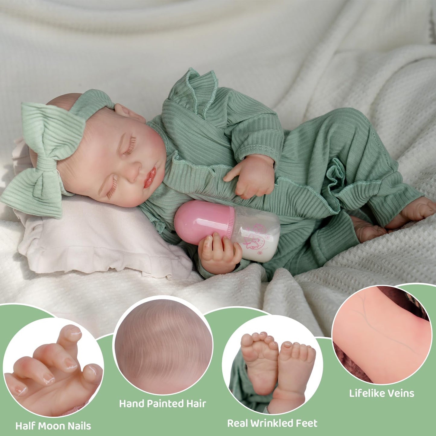 Jirachi Lifelike Reborn Baby Dolls, 18 Inch Real Life Soft Body Sleeping Newborn Baby, Realistic Reborn Baby Girl With Toy Accessories For Girls Green