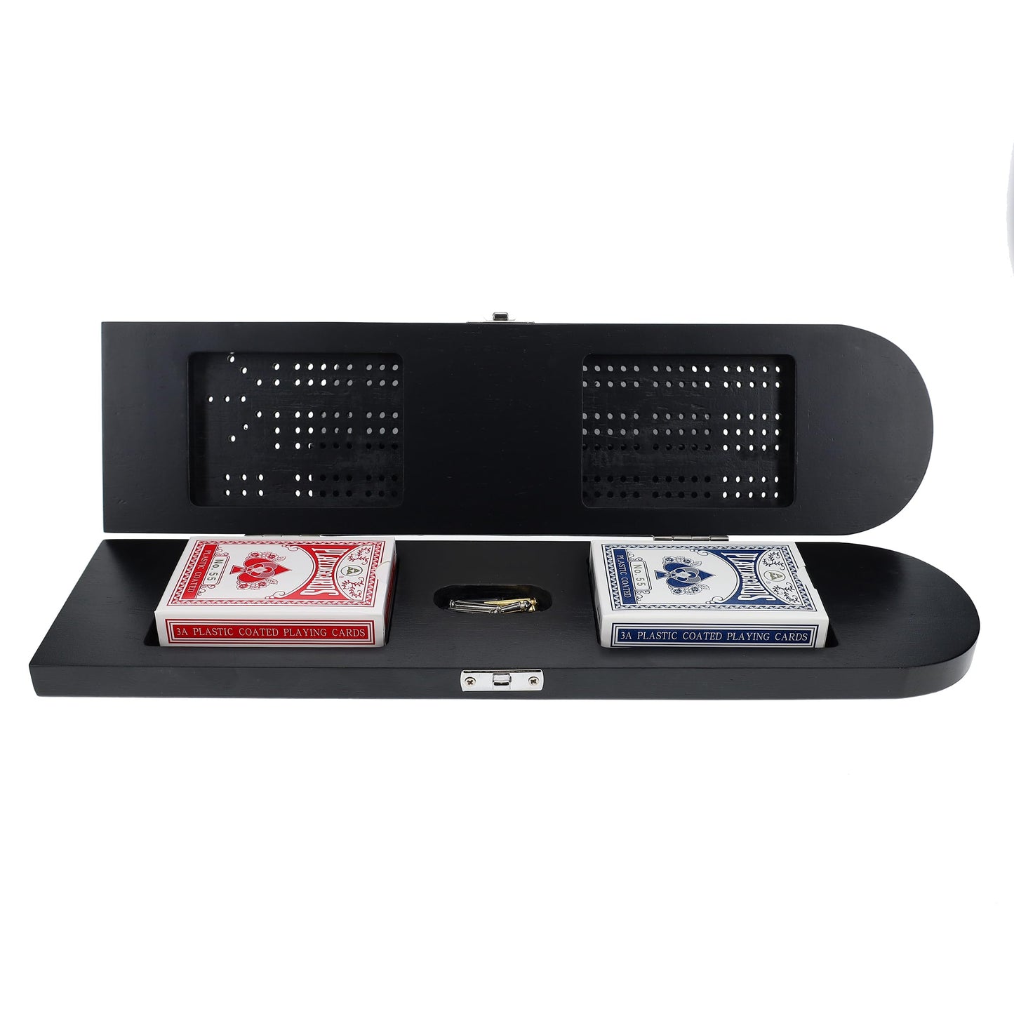 Pacific Shore Games Wooden Cribbage Board Game Set, Black Stained Continuous 3 Track For 2-3 Players With Card Storage