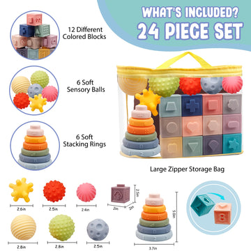 Montessori Toys For Babies 6-12 Months, Soft Baby Blocks Toys Set, 3 In 1 Infant Stacking Building Blocks, Teething Toys Sensory