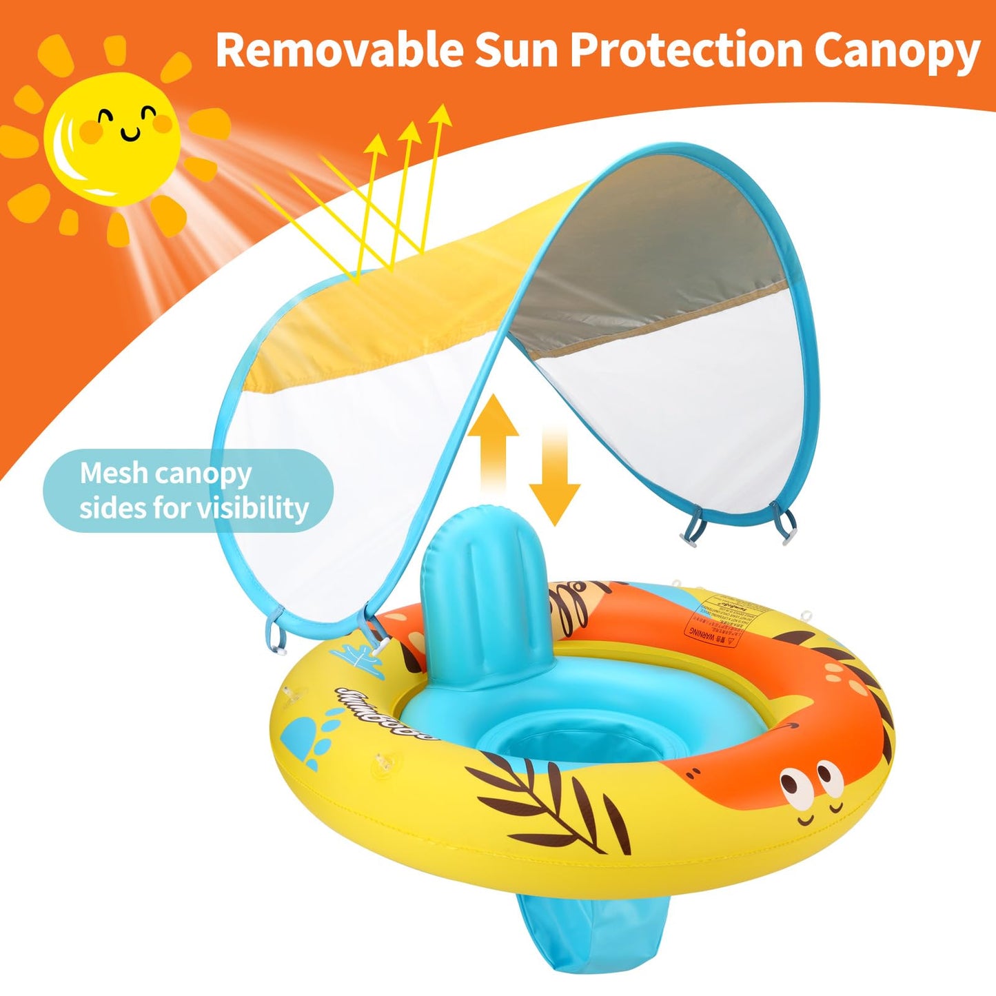 Swimbobo Inflatable Baby Swimming Float with Safe Seat and Canopy for Age 6-36 Months Toddler (Yellow Dinosaur)