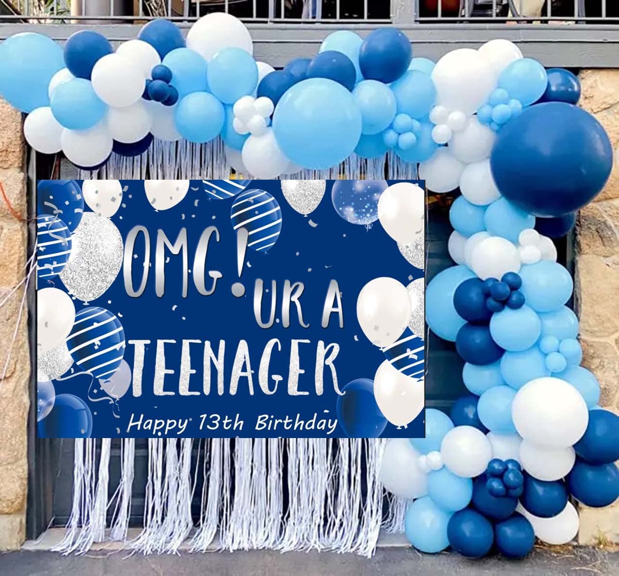 13th Birthday Backdrop Banner, OMG UR a Teenager 13th Birthday Photography Background Blue Silver, Happy 13th Birthday Decoratio
