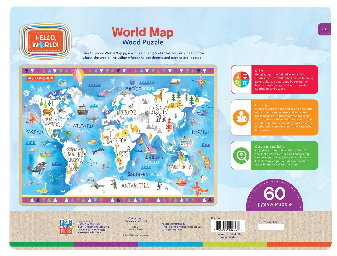 MasterPieces 60-Piece Jigsaw Puzzle - Hello, World Map - 11.75"x16.5" - Team Color - Model 12206