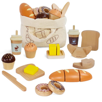Pairpear Wooden Bakery Toy Food Playset,Kids Pretend Play Food Kitchen Accessories With Shopping Bag,Toddlers Cutting Food Gift 