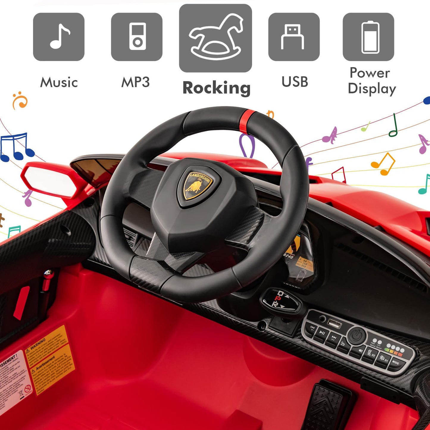 OLAKIDS 2 Seater Kids Ride On Car  12V 4WD Licensed Lamborghini Veneno Electric Vehicle with Remote Control  Toddlers Battery Powered Toy Gift with 2 Speeds  Rocking Mode  Music  USB  MP3 (Red)