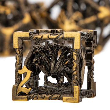 ARUOHHA Hollow DND Dice Set Antique Gold 5-Headed Dragon D and D Dice with Gift Box, Dungeons and Dragons Role Playing Games 7PC