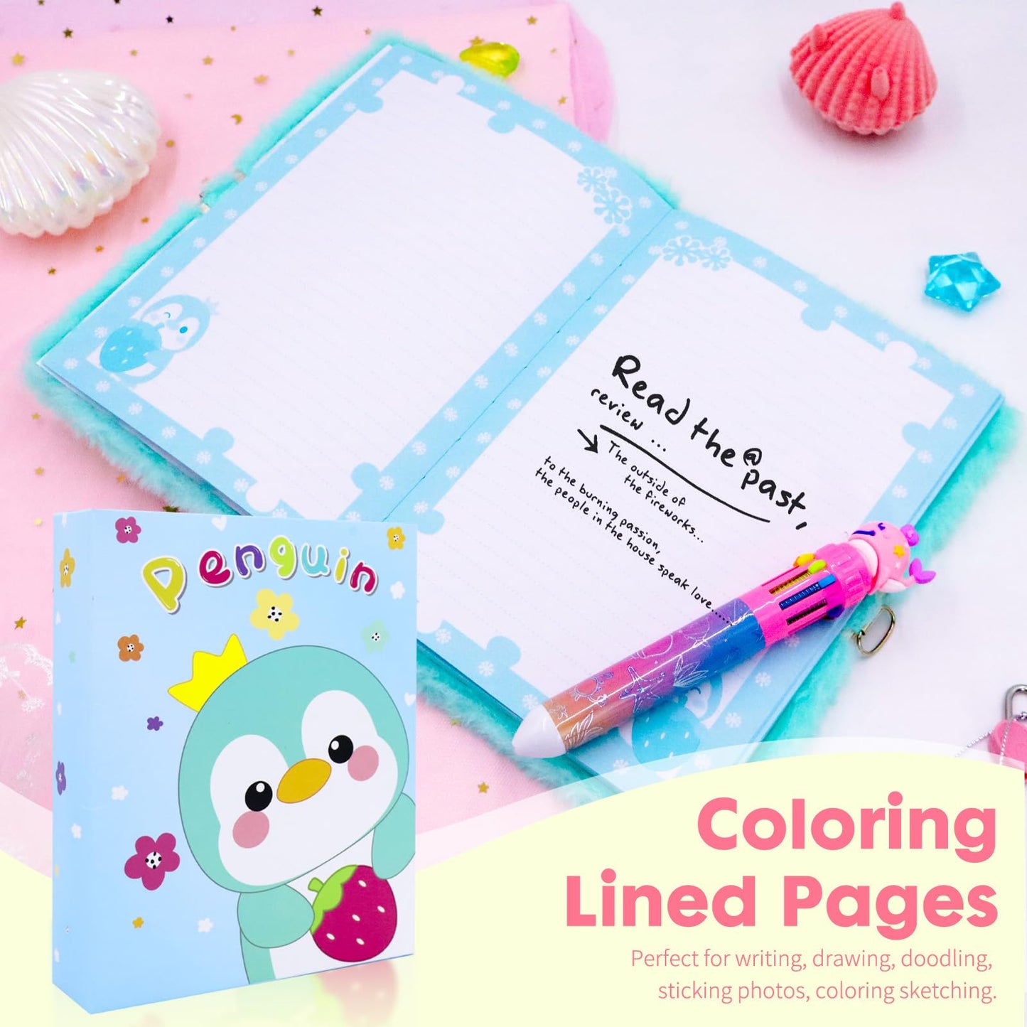 Penguin Diary For Girls With Lock, Plush Penguin Toys Gift For Teen Girls, Kids Writing Journal Notebook, Birthday Gifts For Little Girls Ages 5 6 7 8 9 10-12 Year Old