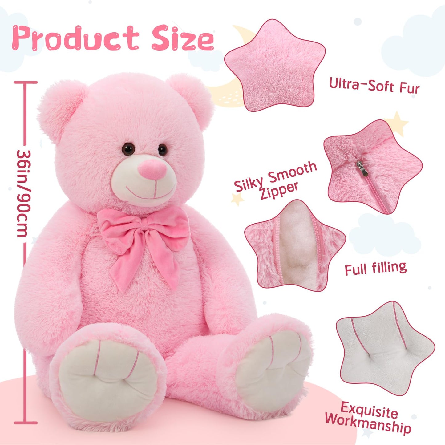 Tezituor Big Pink Teddy Bear Stuffed Animal  36 Giant Plush Bear Toys Baby Shower Decor Christmas Valentines Gifts for Girlfriend Girls Kids