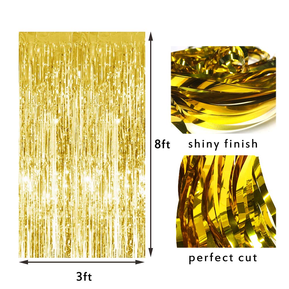 2Pcs 3' X 8' Black And Gold Metallic Tinsel Foil Fringe Curtain Backdrop For 2023 New Years Eve, Halloween Party, Graduation Dec
