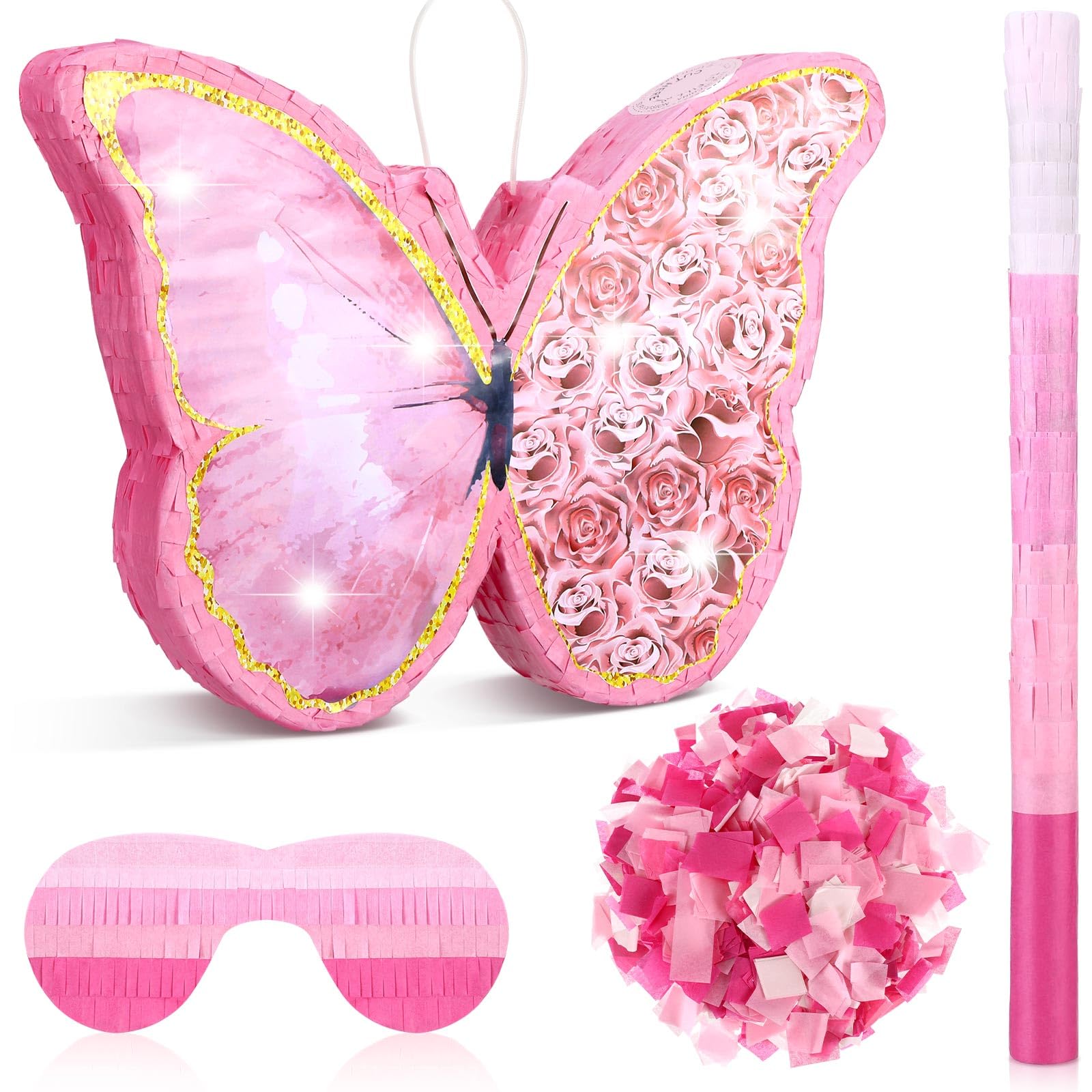 Zhanmai Small Butterfly Sunflower Piata Girl Set Include 15.4 x 11.3 x 2 Inch Pink Piata Bat Stick and Blindfold Mask for Girls 