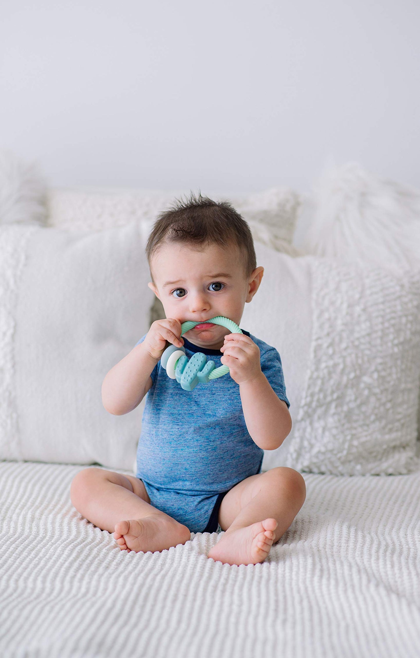 Itzy Ritzy Silicone Teether With Rattle; Rattle Teether Features Rattle Sound, Two Silicone Teething Rings And Raised Texture To