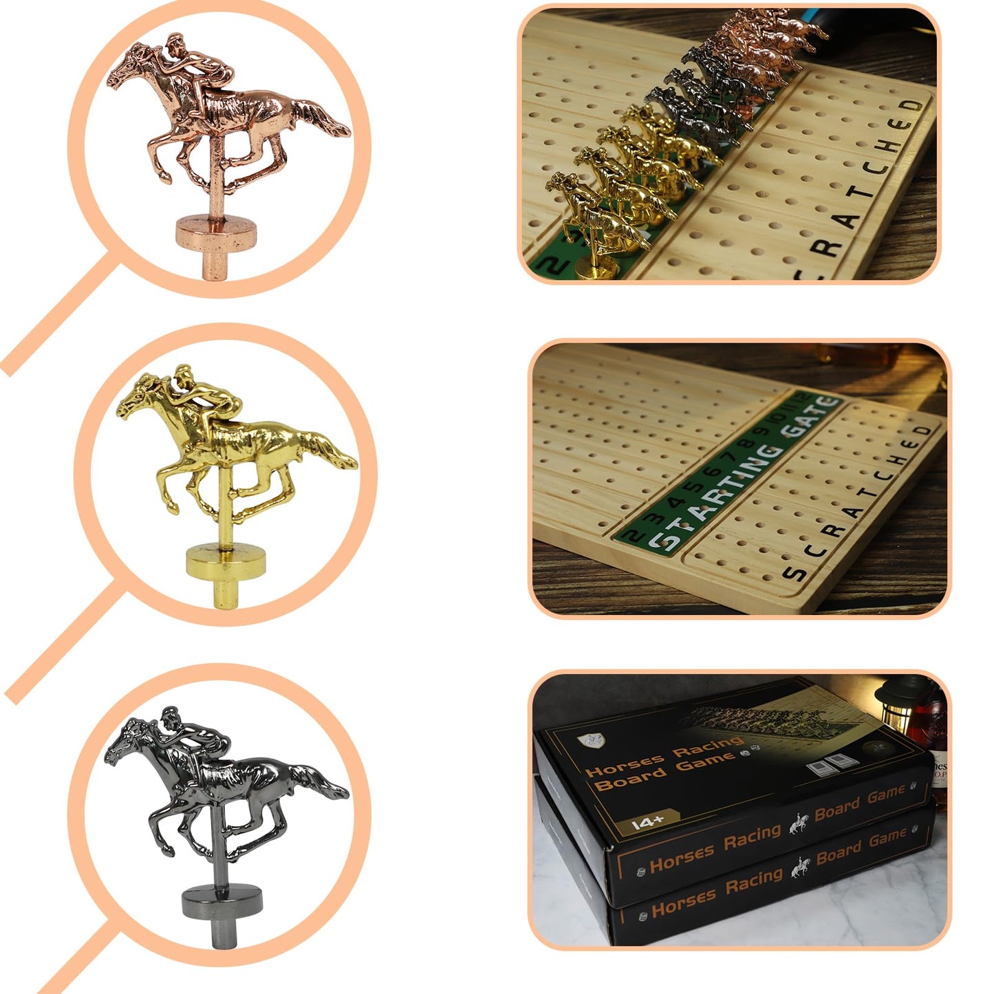 Horow 2 Pack Metal Horse Racing Board Game Card Board Game Finish Line Luxury Edition Solid Wood Race Game Board 11 Batches Of M