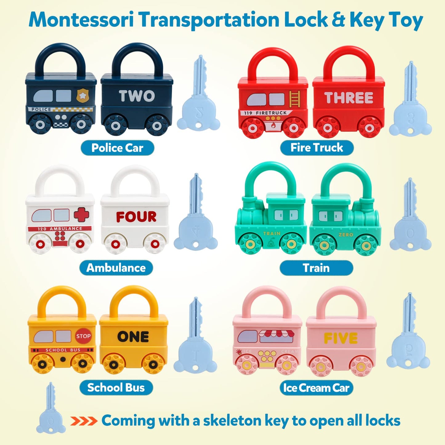 Gkdoms Montessori Learning Toys Sorting & Matching Locks And Keys Toddlers Sensory Car Activity Fine Motor Toy, Birthday New Year Valentine'S Gifts For Kids Age 2-5 Years, Back To School