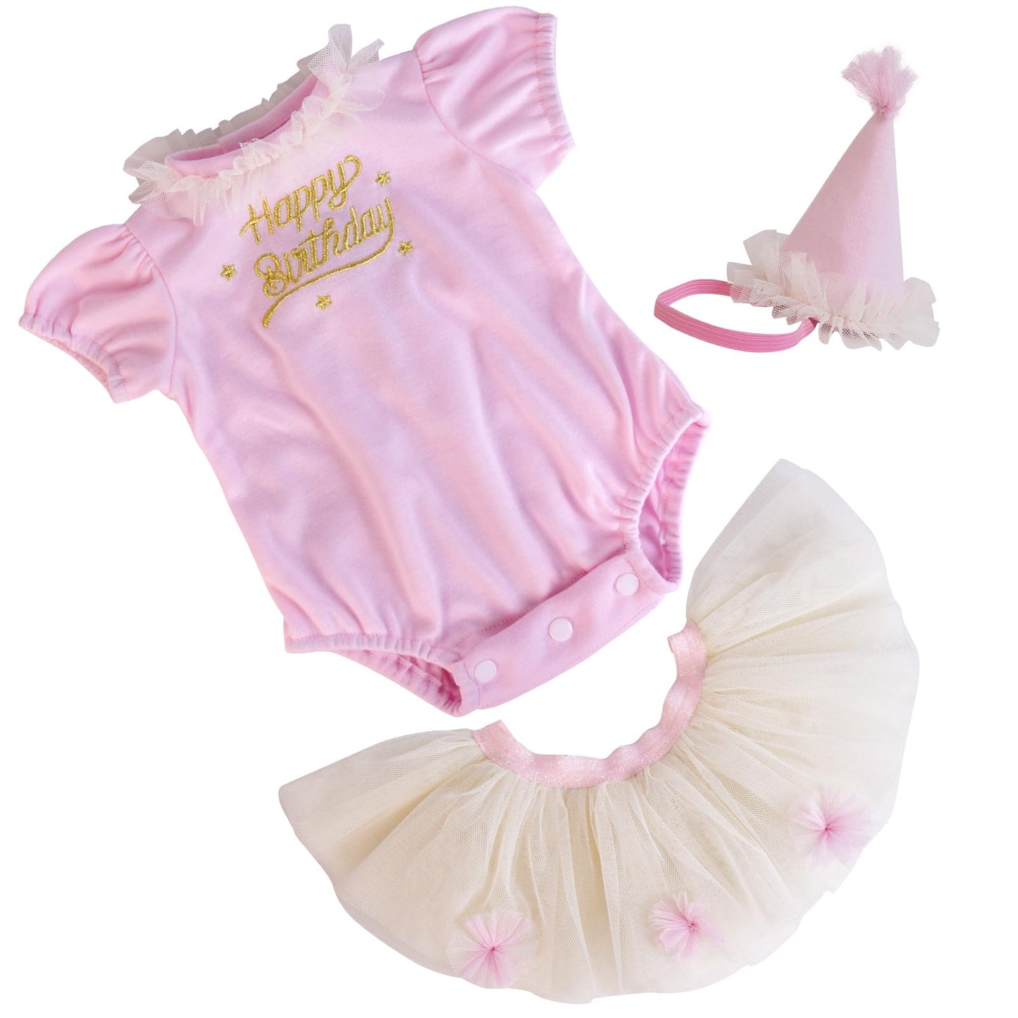 Aori Reborn Doll Clothes For 17-20 Inch Dolls 3Pcs Newborn Baby Girl Outfit Set (Pink Bodysuit + White Tutu Skirt + Birthday Hat