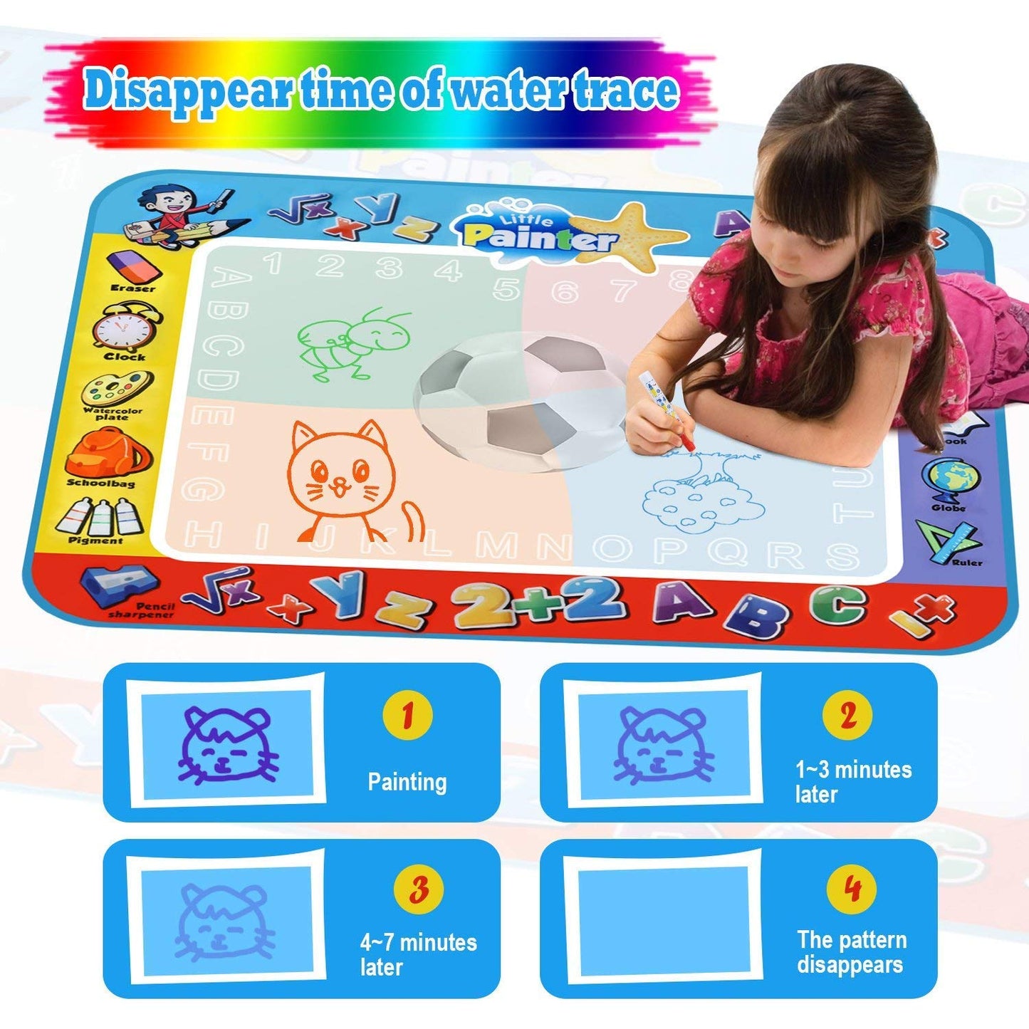 Alago Aqua Coloring Mat - Large Water Painting Mat for Kids, 100 cm x 80 cm, Blue, Includes 4 Pens, Drawing Molds & Booklet, DoodleMat180619