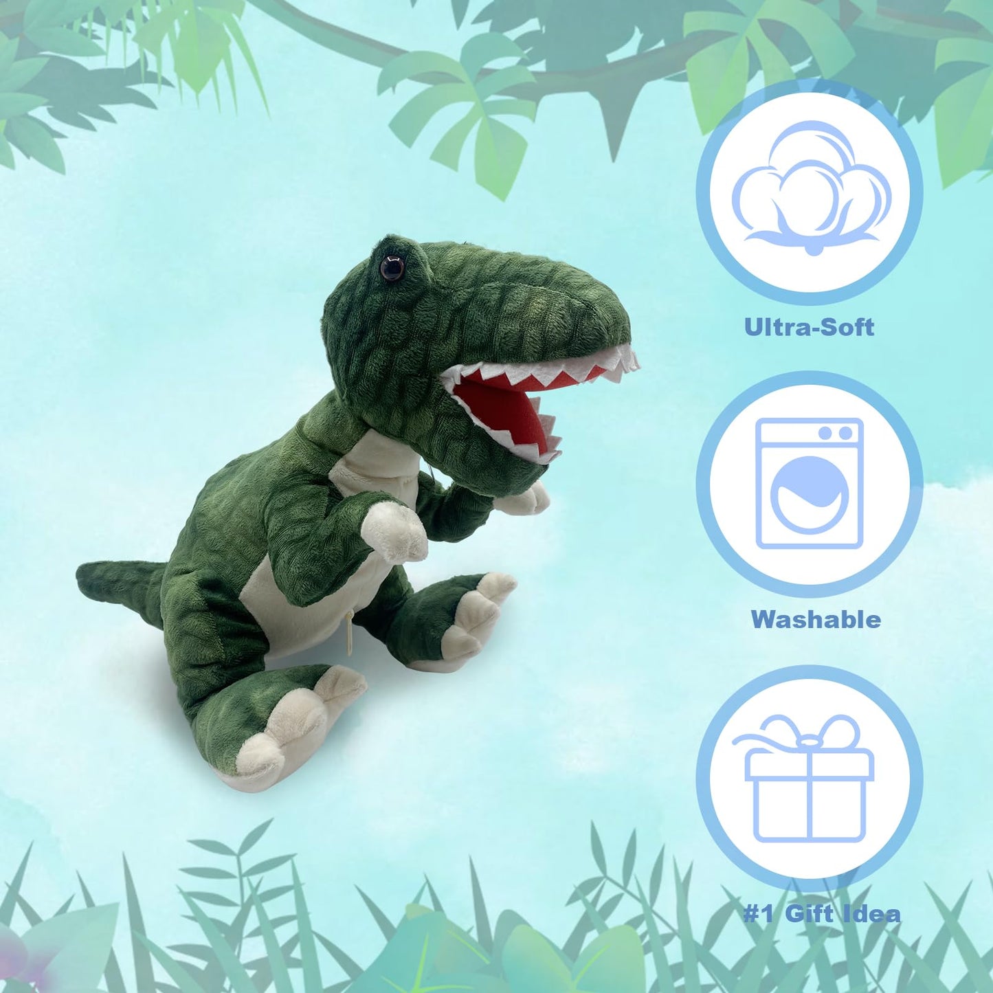 JDS Toy Store Handcrafted Plush Big Green T-Rex Stuffed Dinosaur with 6 Baby Dinosaurs - 19.6 Inches - Faux Fur