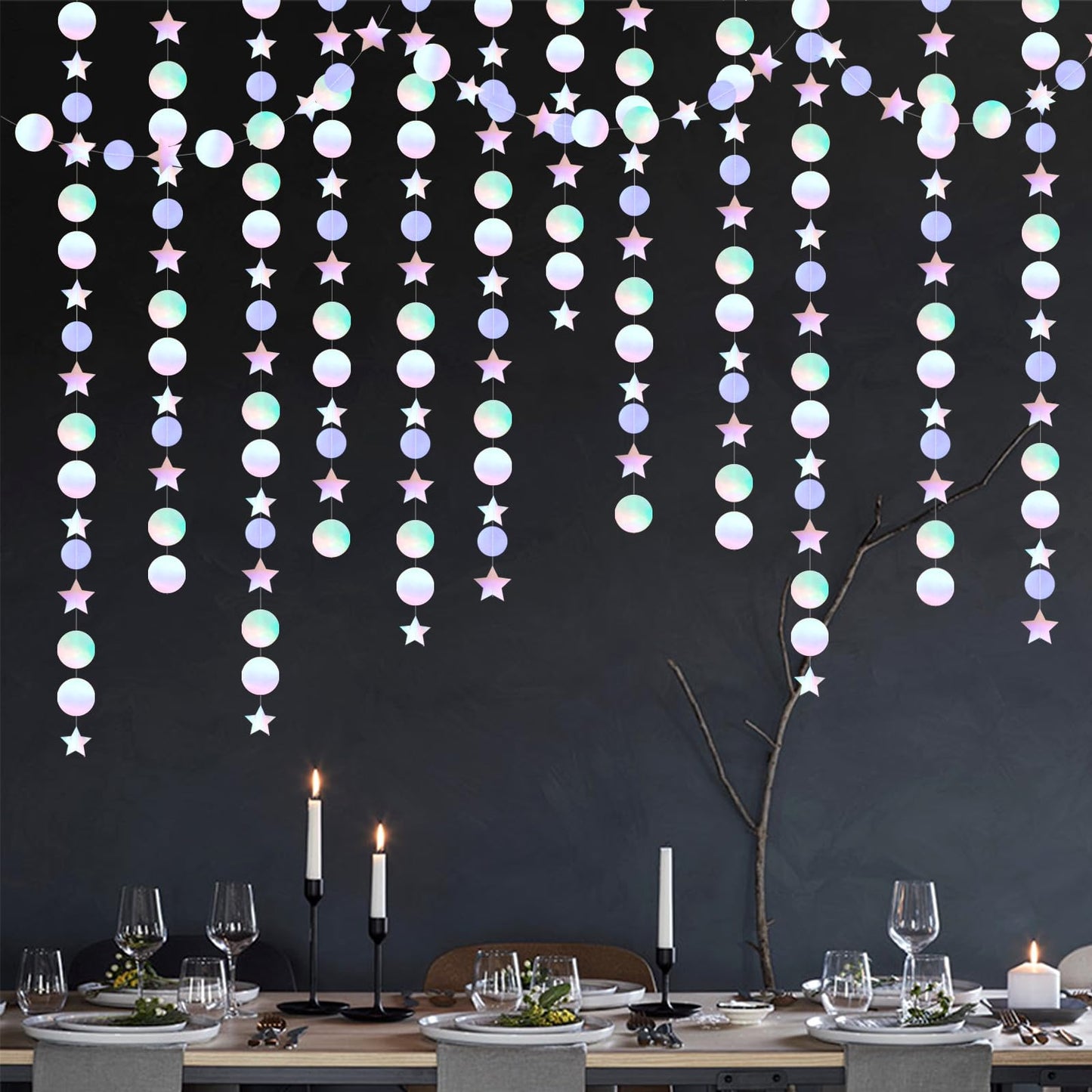 Iridescent Disco-Holographic Birthday Party-Decorations Garland - 52Ft Star Neon Wedding Hanging Paper Streamers Banner,Christma
