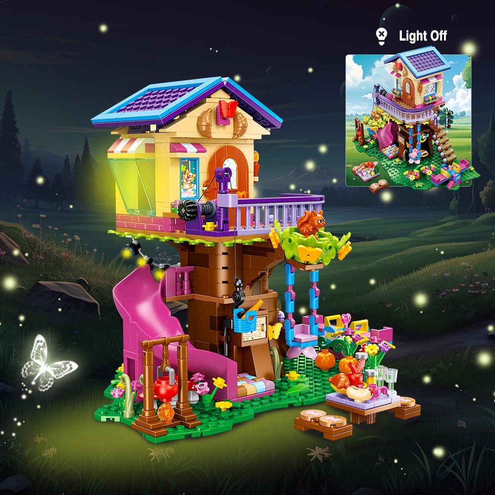 Cubimana Treehouse Building Sets With Led Light - Tree House Building Block Toy, Friendship Up House Building Set With Slide & S