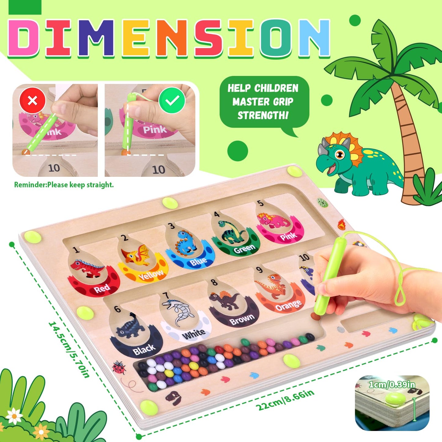 Uiseba Dinosaur Mini Magnetic Color And Number Maze Montessori Toy For Ages 3 4 5, Toddler Busy Board, Educational Preschool Lea