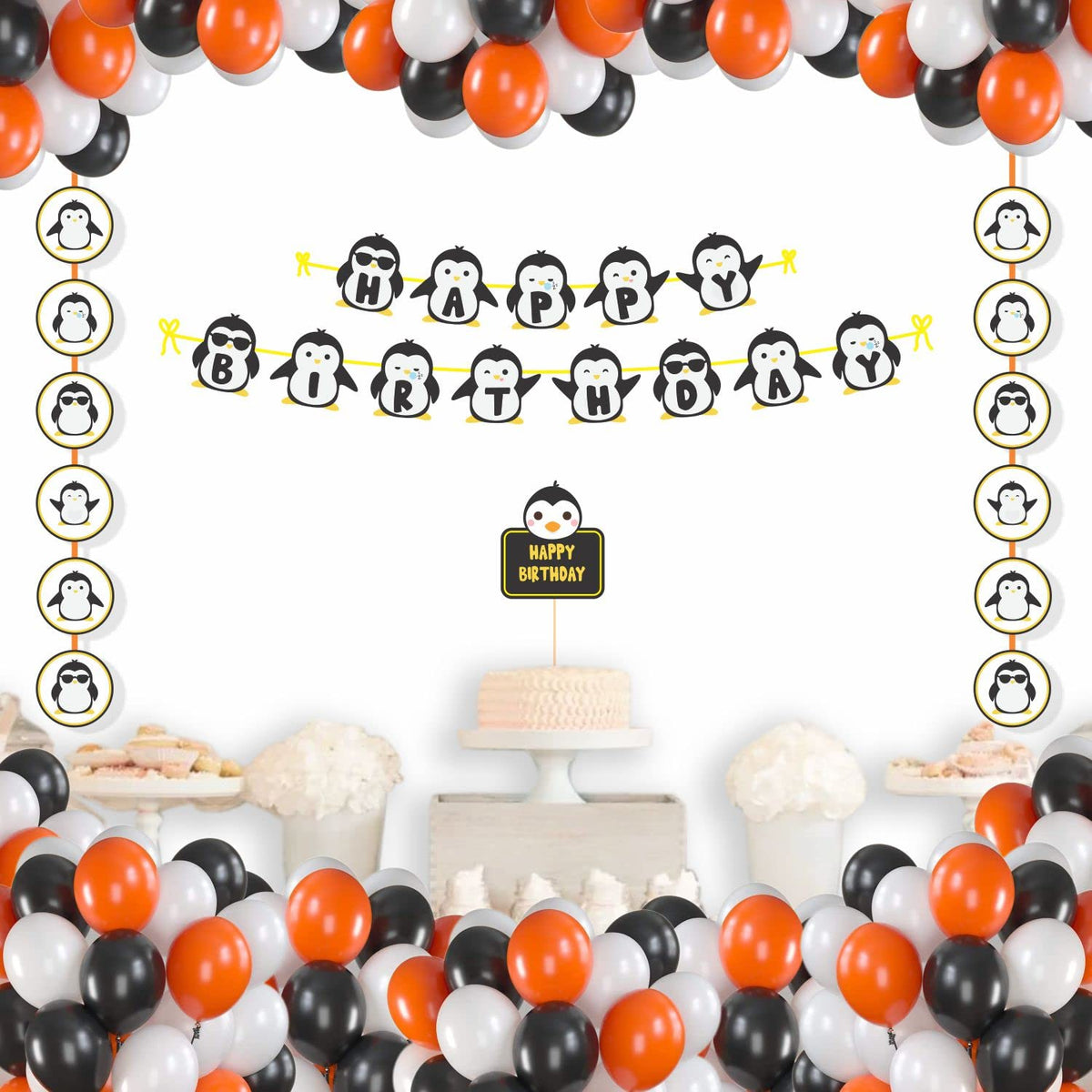 Untumble Penguin Theme Decoration Party Kit For House Birthday Parties With Banners, Danglers, Cake Topper And Balloons (Set Of 