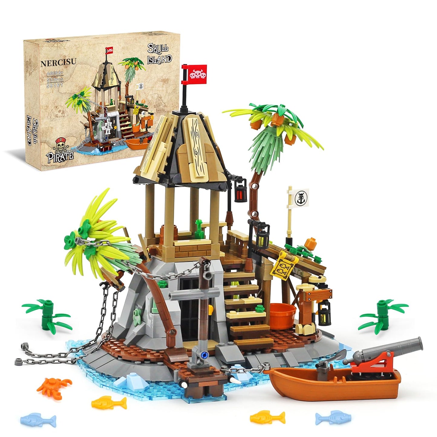 Pirate Skull Island Building Toys with Pirate Ship, Skeleton, Prison, Cannon, Sailing Adventure Architecture Sets for Adults Kid