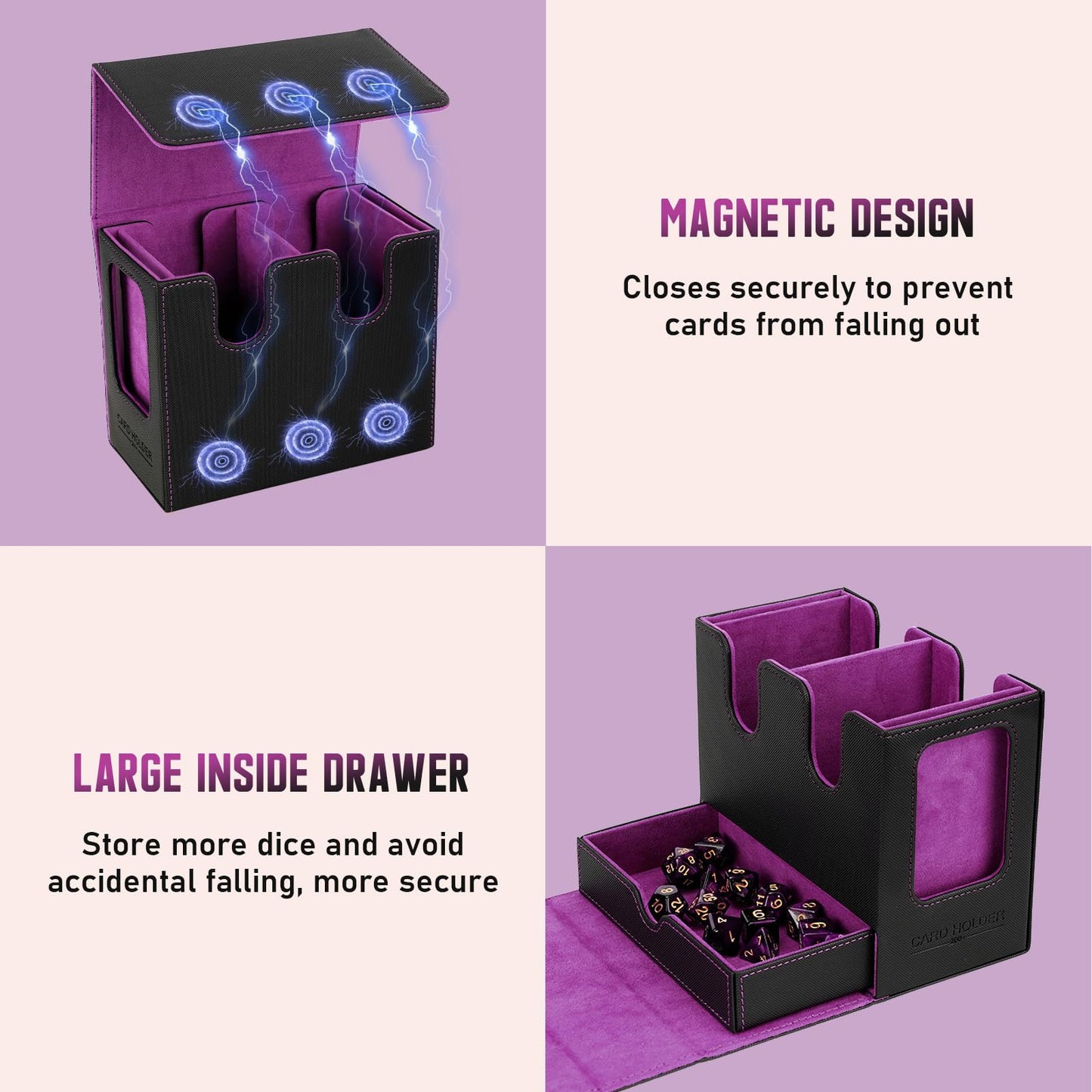 TiMOVO MTG Deck Box  MTG Commander Card Deck Box with Commander Display & Dice Tray Fits 400+ Unsleeved Cards  Leather Magnetic Card Storage Case with 6 Dividers for TCG CCG Magic Cards  Black+Purple