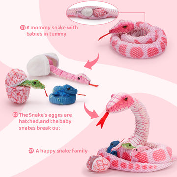 Tezituor Giant Stuffed Snake Plush Realistic Snake With 3 Babies&2 Eggs, 80 Inches Pink Snake Toy Birthday Valentines Gifts For