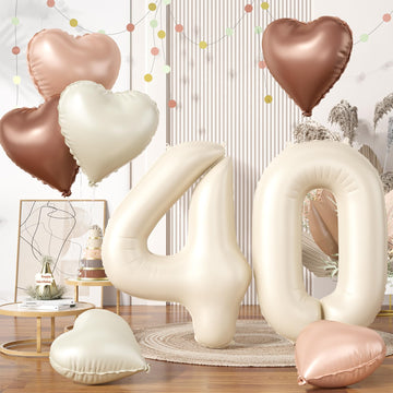 Biapian 40 Inch Cream Number 40 Balloons, 8Pcs Giant Foil Number 4 & 0 Balloons With 18'' Cream White Heart Balloon For 40Th Yea