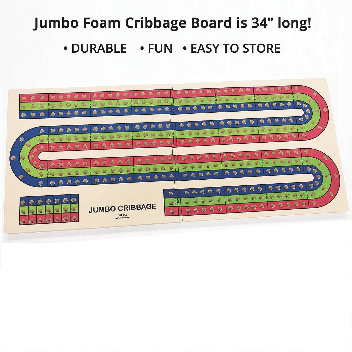 S&S Worldwide Jumbo 34' Long Foam Cribbage Board. 2-Piece Board Locks Together To Form A Huge 34' X 14-1/5' X 1' Thick 3 Track Board. Includes 12 Easy To Grasp Pegs. Perfect For Seniors.