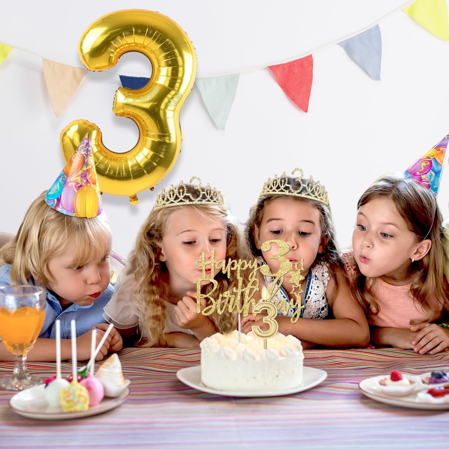 3rd Birthday Decorations for Girls, Including 3rd Birthday Sash and Tiara, Cake Topper and Candle 3, Number 3 Balloon Gold, 3 Bi