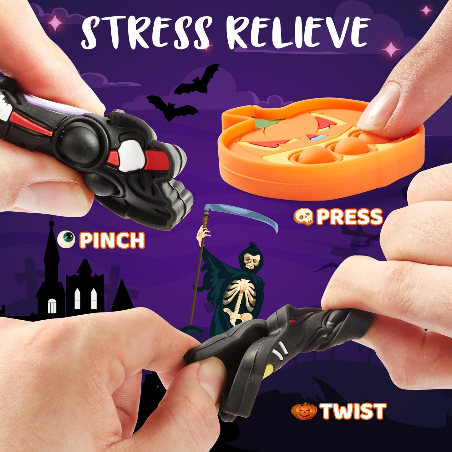 FIDWOD 64pcs Halloween Party Favors for Kids: Stocking Fillers Pop Keychains - Box Fillers Party Favours for Children- Fidget To